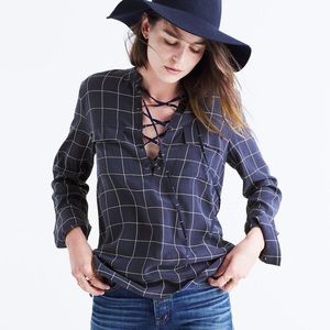 Madewell Silk Lace-up Shirt In Windowpane Plaid